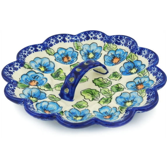Polish Pottery 9-inch Egg Plate (Bold Blue Poppies Theme) Signature UNIKAT Hand Painted in Boleslawiec, Poland + Certificate of Authenticity