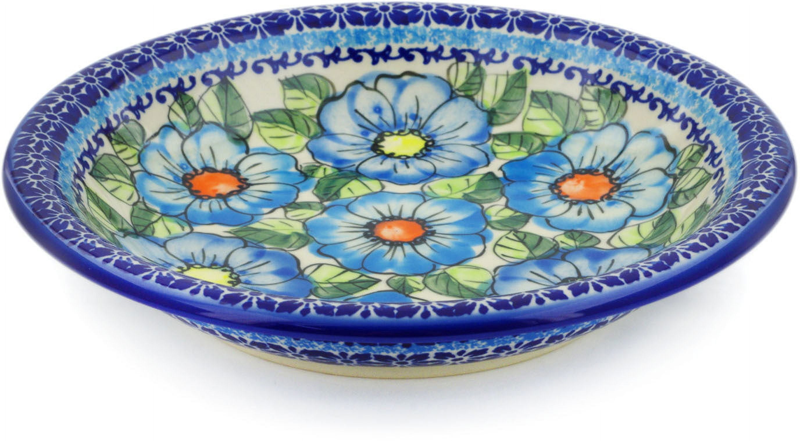 Polish Pottery 9-inch Pasta Bowl (Bold Blue Poppies Theme) Signature ...