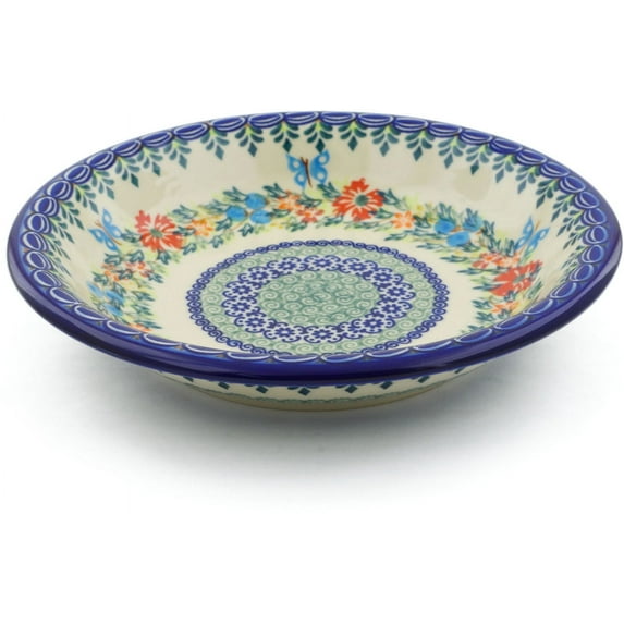 Polish Pottery 9-inch Pasta Bowl (Red Cornflower And Blue Butterflies Theme) Signature UNIKAT Hand Painted in Poland + Certificate of Authenticity