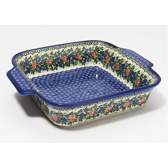 Polish Pottery 9x9 Square Baker with Handles Red Rose