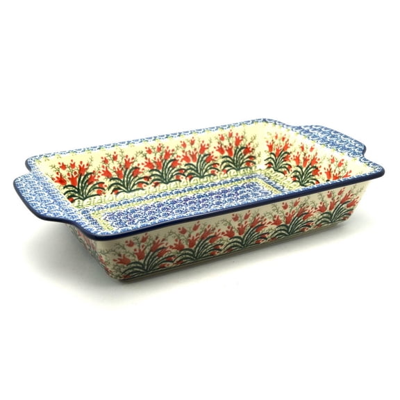 Polish Pottery Baker - Rectangular with Tab Handles - 7 cups - Crimson Bells
