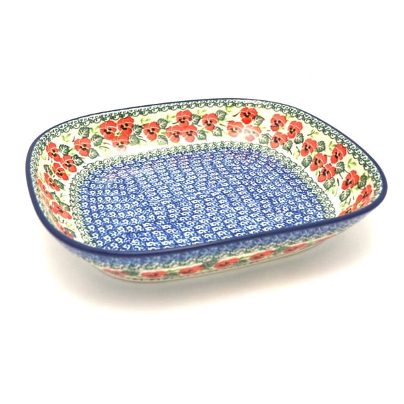 Polish Pottery Baker - Shallow Rectangular - Medium - Red Pansy