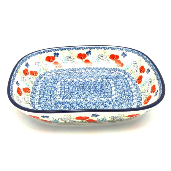 Polish Pottery Baker - Shallow Rectangular - Medium - Red Poppy Garden