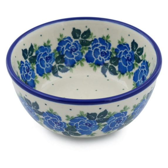 Polish Pottery Bowl 5-inch Polmedia Blue Rose Theme Hand Painted in Boleslawiec, Poland + Certificate of Authenticity