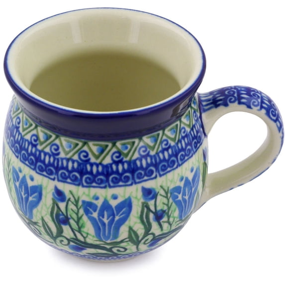 Polish Pottery Bubble Mug 12oz Polmedia Gentian Wreath Theme UNIKAT Hand Painted in Boleslawiec, Poland + Certificate of Authenticity