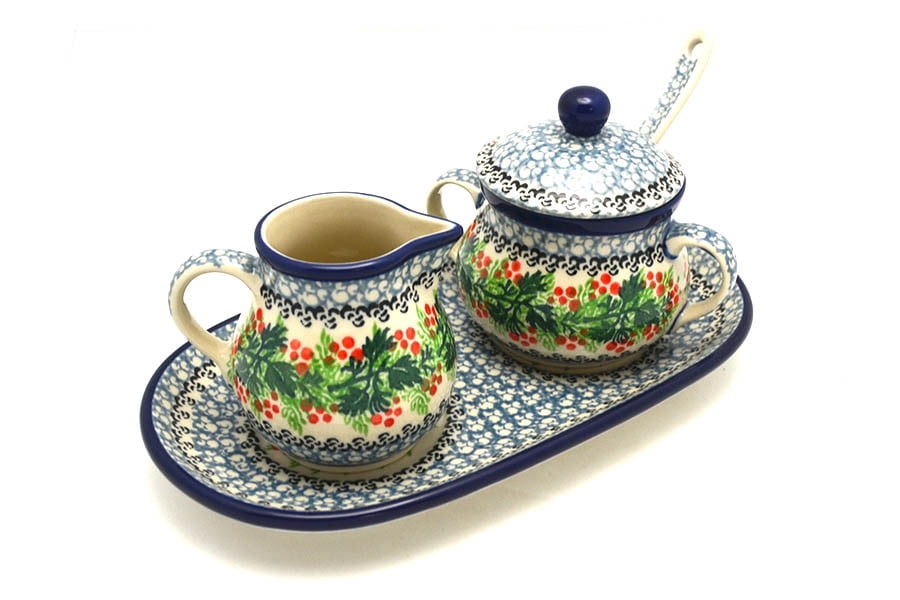 Polish Pottery Cream & Sugar Set with Sugar Spoon - Holly Berry ...