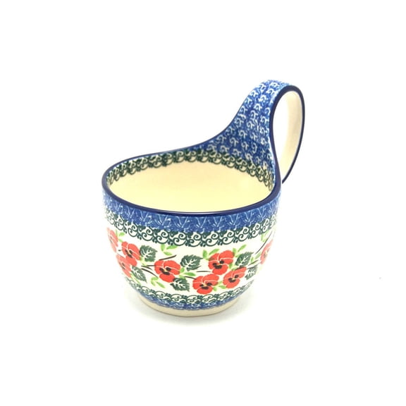 Polish Pottery Loop Handle Bowl - Red Pansy