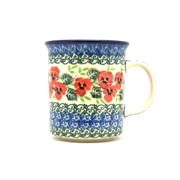 Polish Pottery Mug - Straight Sided - Red Pansy