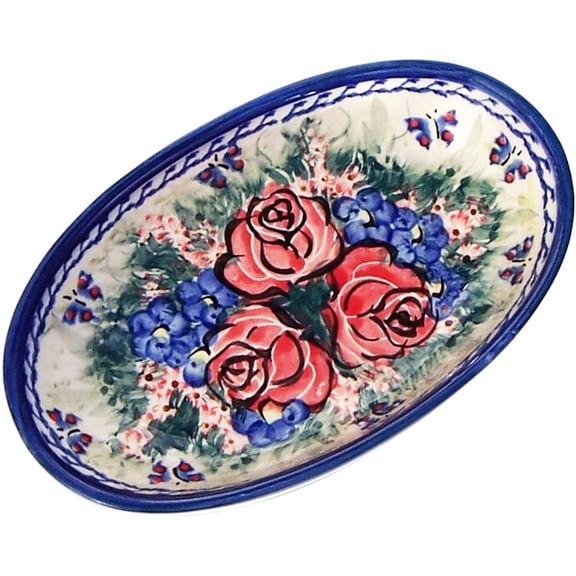Polish Pottery Small Oval Baker - Wild Roses, 7.25'' L x 4.25'' W x 1.5'' D, Blue Stoneware, 46.875 in