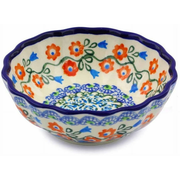 Polish Pottery Small Scalloped Bowl (Tulip Vines Theme) Hand Painted in Boleslawiec, Poland + Certificate of Authenticity