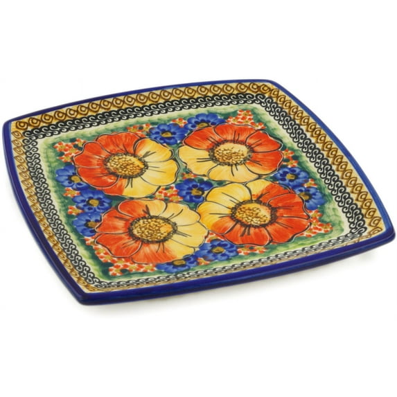 Polish Pottery Square Plate (Bright Beauty Theme) Signature UNIKAT Hand Painted in Boleslawiec, Poland + Certificate of Authenticity