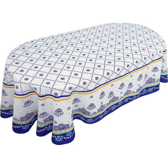 Polish Pottery Style Tablecloth, Blue Ceramic Table Cloth, Farmhouse Tablecover for Oval Tables 60 x 84, Perfect for Kitchen Dinner, Restaurant,Holiday Picnic Party Table Cover