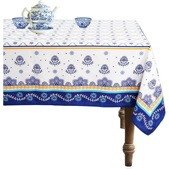 Polish Pottery Style Tablecloth, Blue Ceramic Table Cloth, Farmhouse Tablecover for Rectangle Tables 60 x 84, Perfect for Kitchen Dinner, Restaurant,Holiday Picnic Party Table Cover
