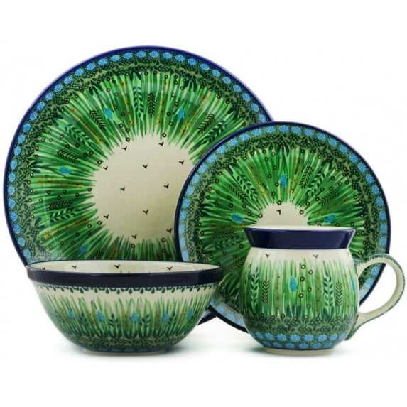 Polish Pottery place setting Polmedia Green Prairie Theme UNIKAT Hand Painted in Boleslawiec, Poland + Certificate of Authenticity