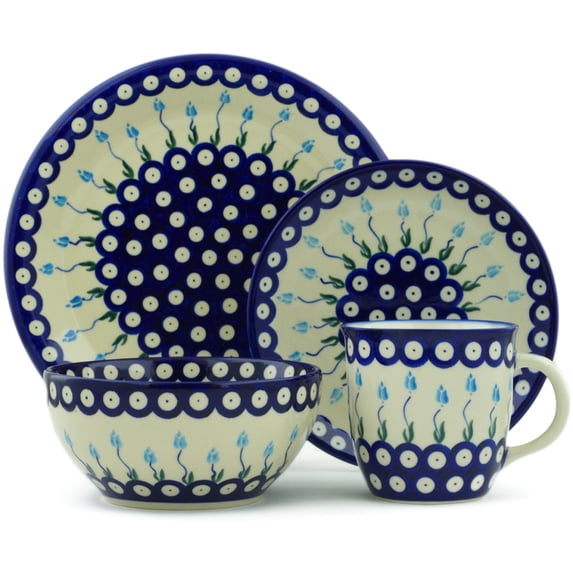 Polish Pottery place setting Polmedia Peacock Tulip Garden Theme Hand Painted in Boleslawiec, Poland + Certificate of Authenticity