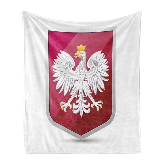 Polish Soft Flannel Fleece Blanket, Royal Illustration of Coat of Arms of Poland Emblem Crowned Eagle Print, Cozy Plush for Indoor and Outdoor Use, 50" x 60", Ruby Hot Pink and White, by Ambesonne
