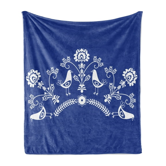 Polish Soft Flannel Fleece Blanket, Scandinavian Folk Pattern with Birds and Flowers Cultural Design Orient, Cozy Plush for Indoor and Outdoor Use, 50" x 70", Cobalt Blue and White, by Ambesonne