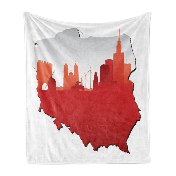 Polish Soft Flannel Fleece Throw Blanket, Graphical Map in Flag Colors and of the State, Cozy Plush for Indoor and Outdoor Use, 50" x 70", Vermillion Pearl, by Ambesonne