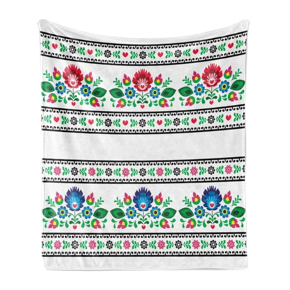 Polish Soft Flannel Fleece Throw Blanket, Horizontally Arranged Polish Folk Pattern with Flowers and Bands Streaks Curves, Cozy Plush for Indoor and Outdoor Use, 50" x 70", Multicolor, by Ambesonne