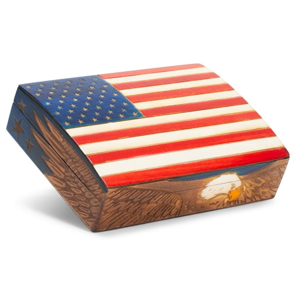 American Flag with Eagle Handmade Linden Wood Keepsake US Symbols Decorative Box Made in Poland
