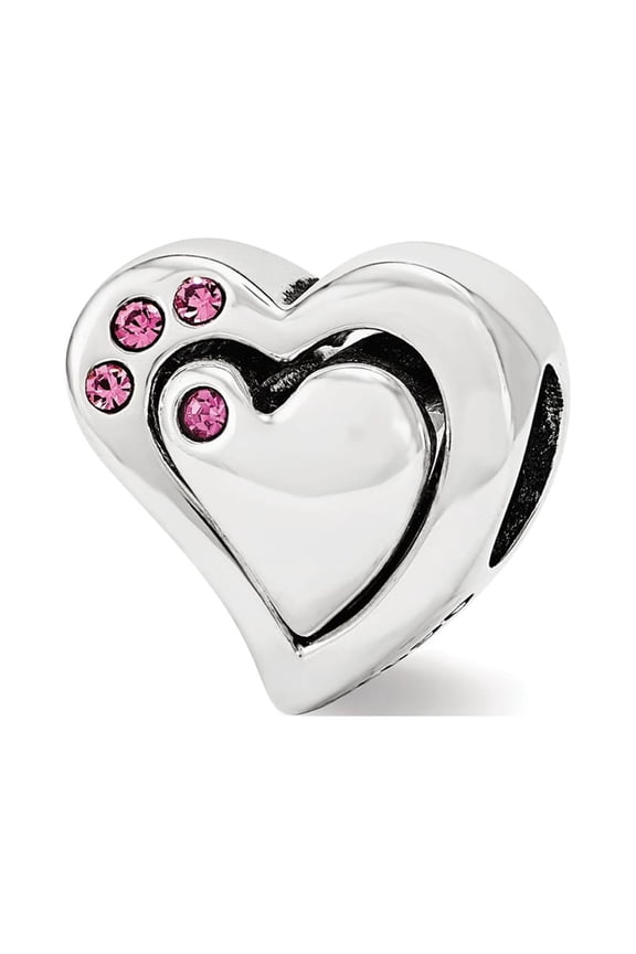 Polished 2 Piece Heart Pink Swarovski Elements Charm in Silver