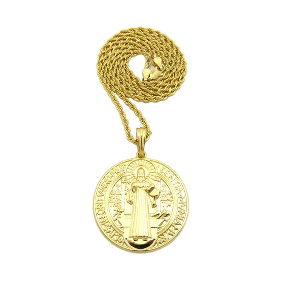 Polished 2 Sided Saint Benedict Medal Pendant with Necklace - 3mm 18" Gold-Tone Rope Chain
