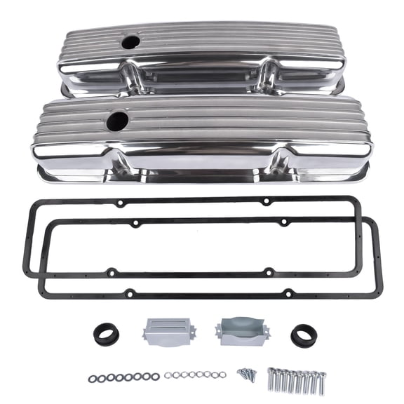 Polished Aluminum Finned Short Valve Cover Pair for SBC Small Block Chevy 283 302 305 327 350 400 Engine, 2.95" Tall, Perimeter Bolt Pattern, SKU 26181755, Engine Parts
