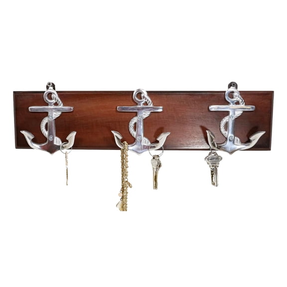 Polished Aluminum Nautical Sailor Ship Anchors On Board Plank 6-Pegs Wall Hook