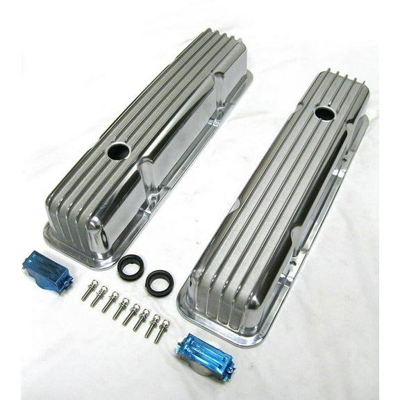 Polished Aluminum Valve Covers Finned Tall  Small Block Chevy 350 SBC