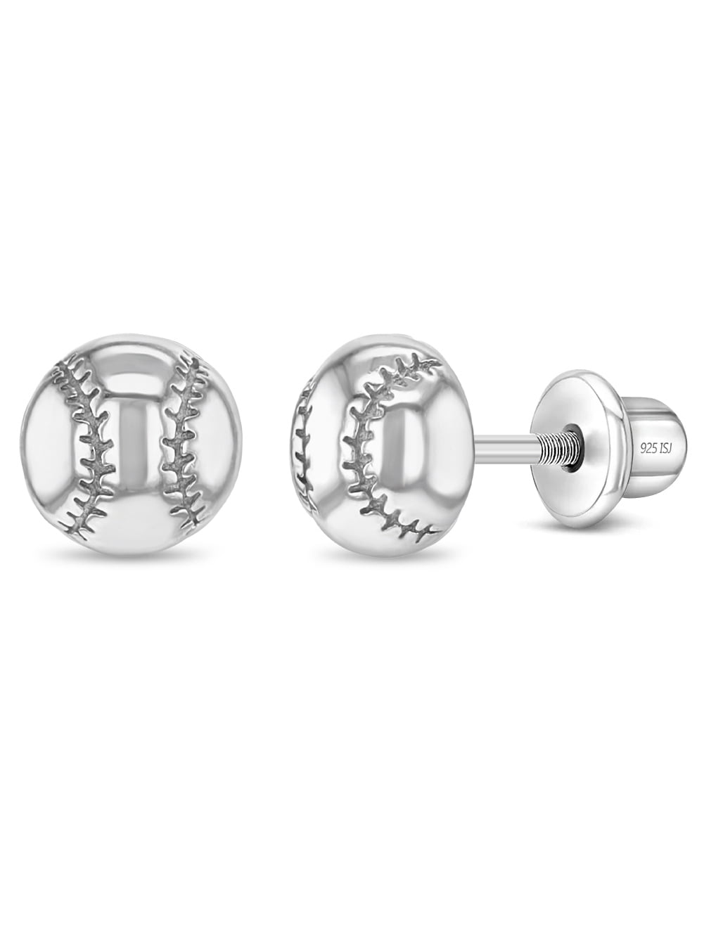Polished Baseball Kids / Children's / Girl Earrings Screw Back - Sterling Silver