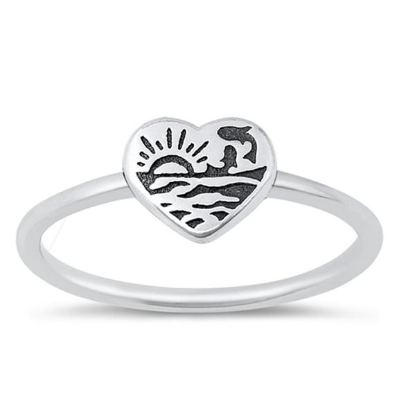 Polished Beach Sunset Ring .925 Sterling Silver Heart Ocean Band Jewelry Female Male Unisex Size 4