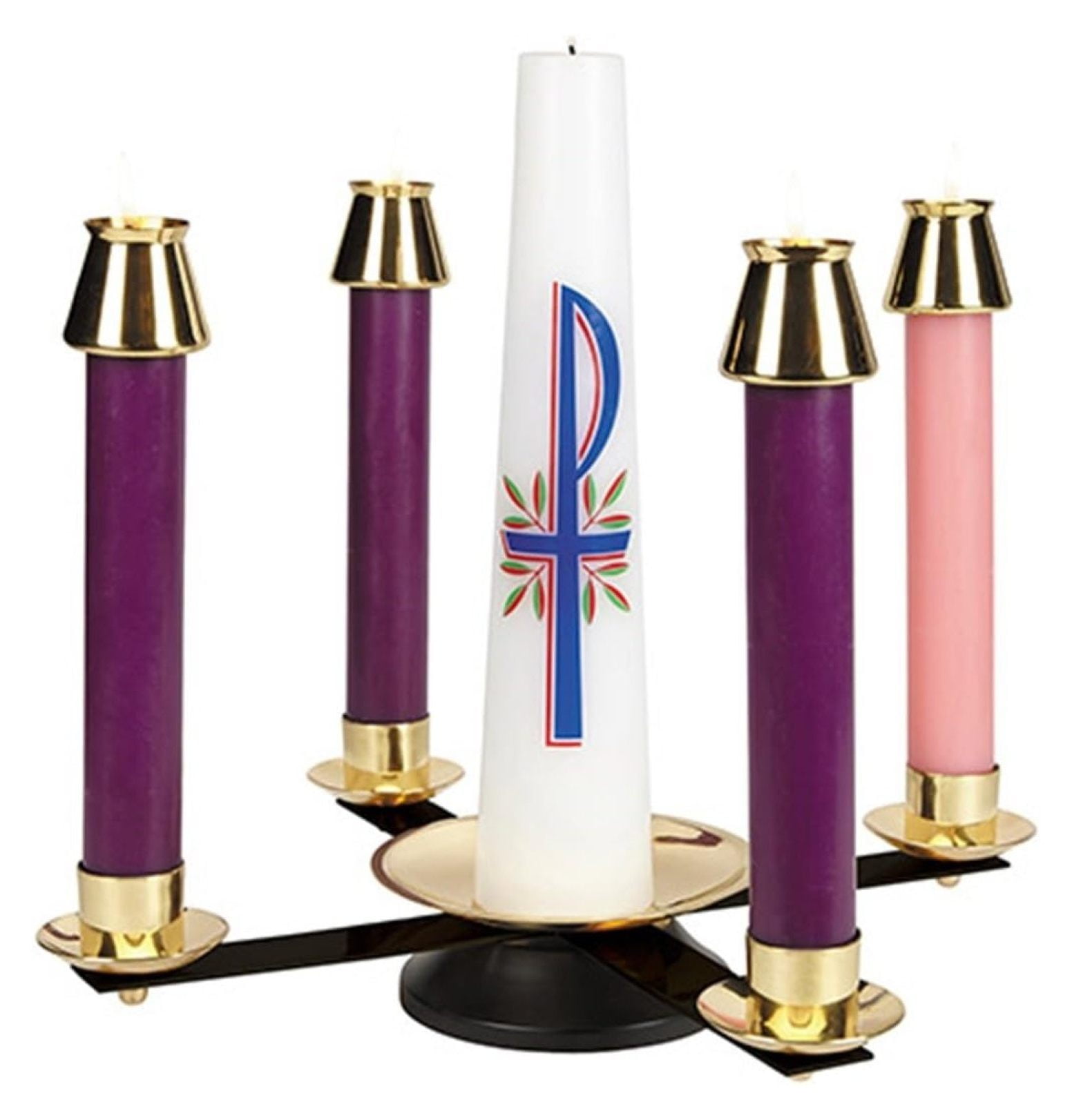 Polished Brass Advent Wreath Candle Holder with Black Wrought Iron Base