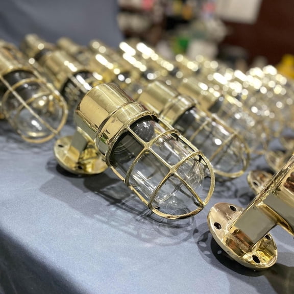 Polished Brass Cage Wall Sconce | Nautical Bulkhead Light