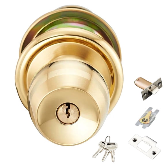Polished Brass Door Knob Keyed Entry Reversible Round Lock Adjustable Latches Door Knob Suitable for Interior & Exterior