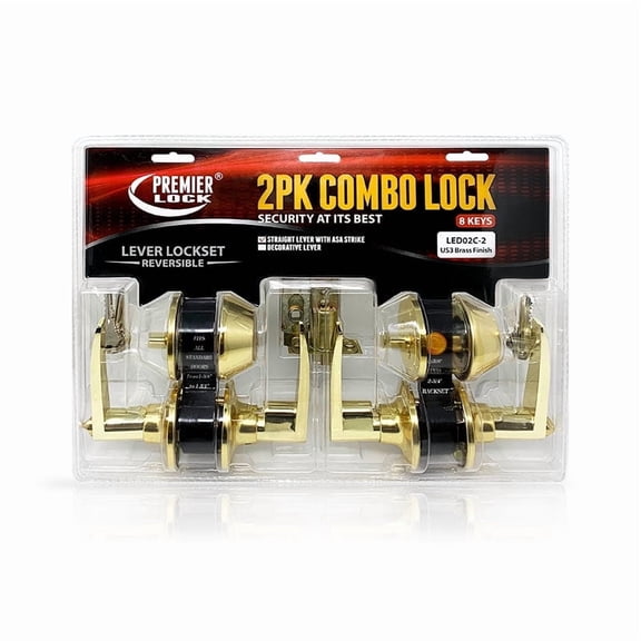 Polished Brass Entry Door Handle Combo Lock Set with Deadbolt and 8 SC1 Keys Total (2-Pack, Keyed Alike)