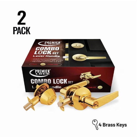 Polished Brass Entry Lock Set Door Lever Handle with Deadbolt Keyed Alike