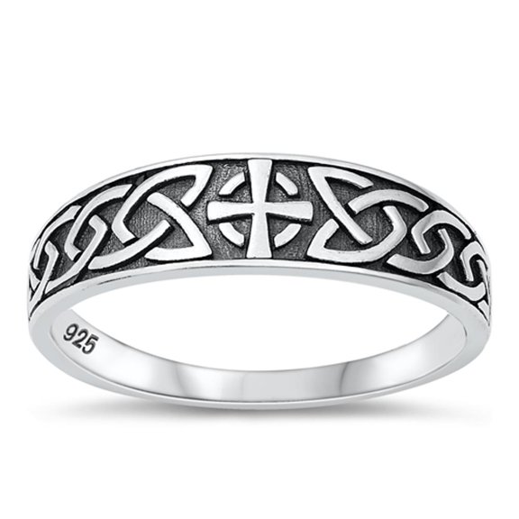 Polished Celtic Cross Ring .925 Oxidized Sterling Silver Band Jewelry Female Male Unisex Size 7