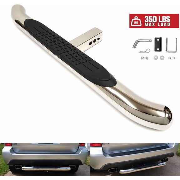 Polished Chrome 36" Towing Hitch Trailer Tow Hitch Step Bar 3" Round Curved Rear Bumper Guard for 2" Receiver SUV Pickup Truck