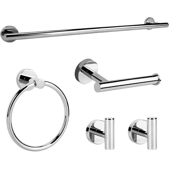 Polished Chrome Bathroom Hardware Accessories Set 5 Piece, Stainless Steel Bath Towel Bar Set 24 Inch,Toilet Paper Holder,Towel Ring Holder,Towel Rack Set,Gold Bathroom Accessories Kit Silver