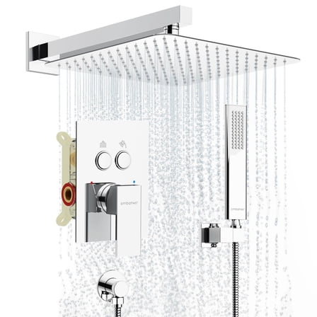 Polished Chrome Complete Shower System Set with 12" Rainfall Shower Head, Handheld Spray & Brass Valve, Wall-Mounted Bath Faucet