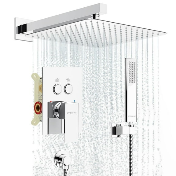 Polished Chrome Complete Shower System Set with 12" Rainfall Shower Head, Handheld Spray & Brass Valve, Wall-Mounted Bath Faucet