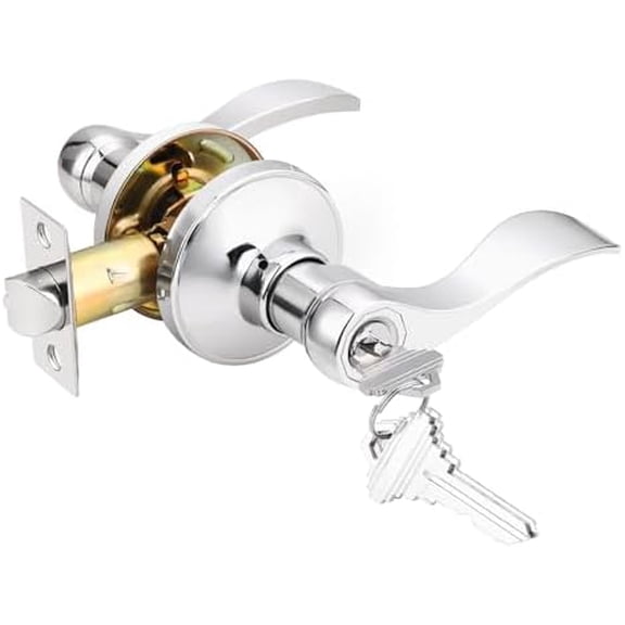 Polished Chrome Door Handles Front Exterior Door Handles with Lock and Keys, Chrome Entry Door Lever Wave Style Reversible, 1 Pack