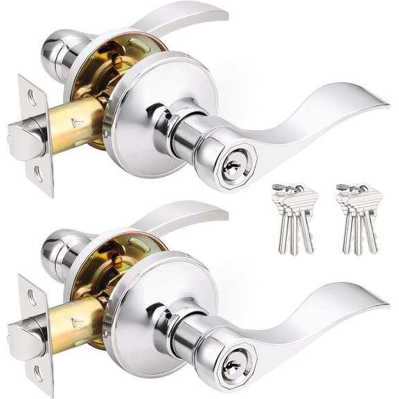 Polished Chrome Door Handles Front Exterior Door Handles with Lock and Keys, Keyed Alike Chrome Entry Door Lever Wave Style Reversible, 2 Pack