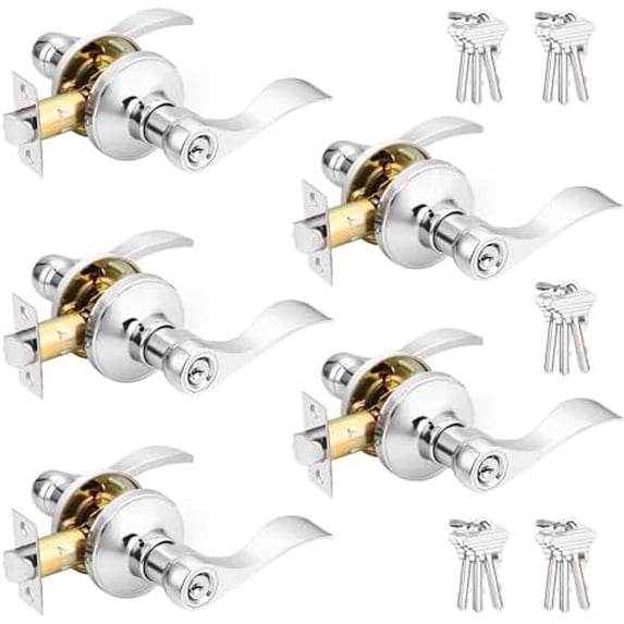 Polished Chrome Door Handles Front Exterior Door Handles with Lock and Keys, Keyed Alike Chrome Entry Door Lever Wave Style Reversible, 5 Pack