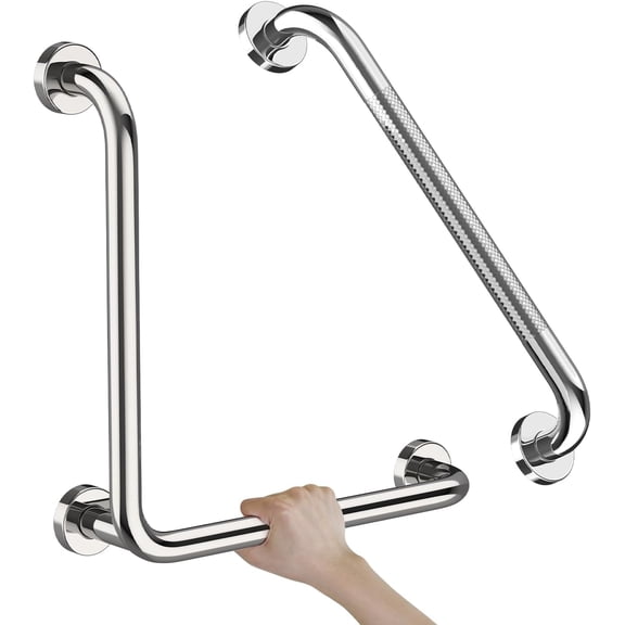 Polished Chrome L-Shaped Grab Bar 16x16 Inch + Knurled Shower Grab Rail 20 Inch, Stainless Steel Angled Toilet Safety Bar, Bathroom Mobility Aid Handrail, Balance Support Assist Bar for Senior