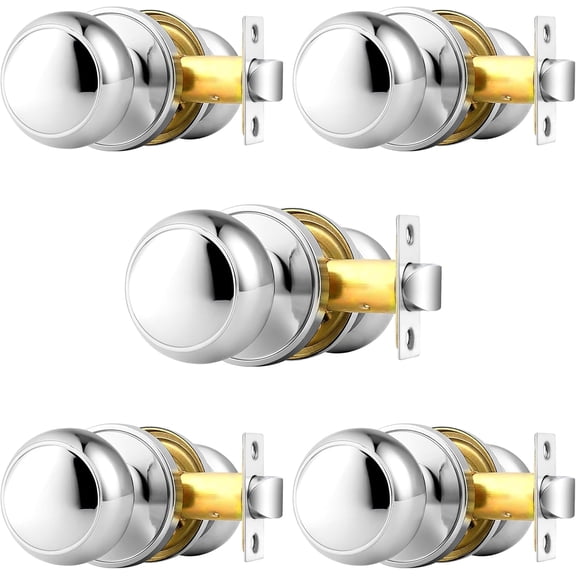 Polished Chrome Passage Door Knobs, Interior Door Lock for Hallway Closet, Keyless Round Ball Knob Handle, No Locking, 5 Pack