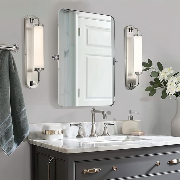 Polished Chrome Pivot Mirror for Bathroom, Tilt Bathroom Vanity Mirror,Rounded Rectangle Pivoting Mirror, Overall 24.33 x 28 inches(Mirror 20 x 28 inches)