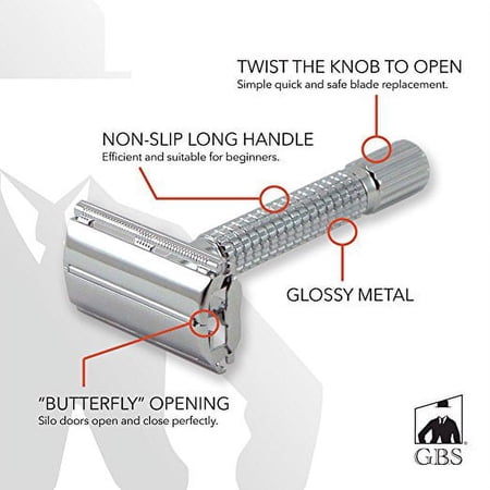 Polished Chrome Steel Butterfly Safety Razor - Razor Case + 10 blades included in Gift Box