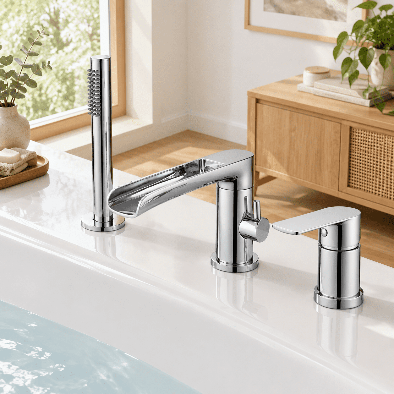 Polished Chrome Style-C Waterfall Roman Tub Faucet with Hand Shower ...