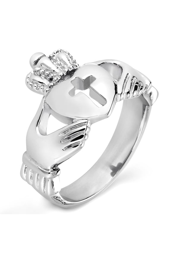 Jewelry Women's Polished Claddagh Cut-Out Cross Steel Ring